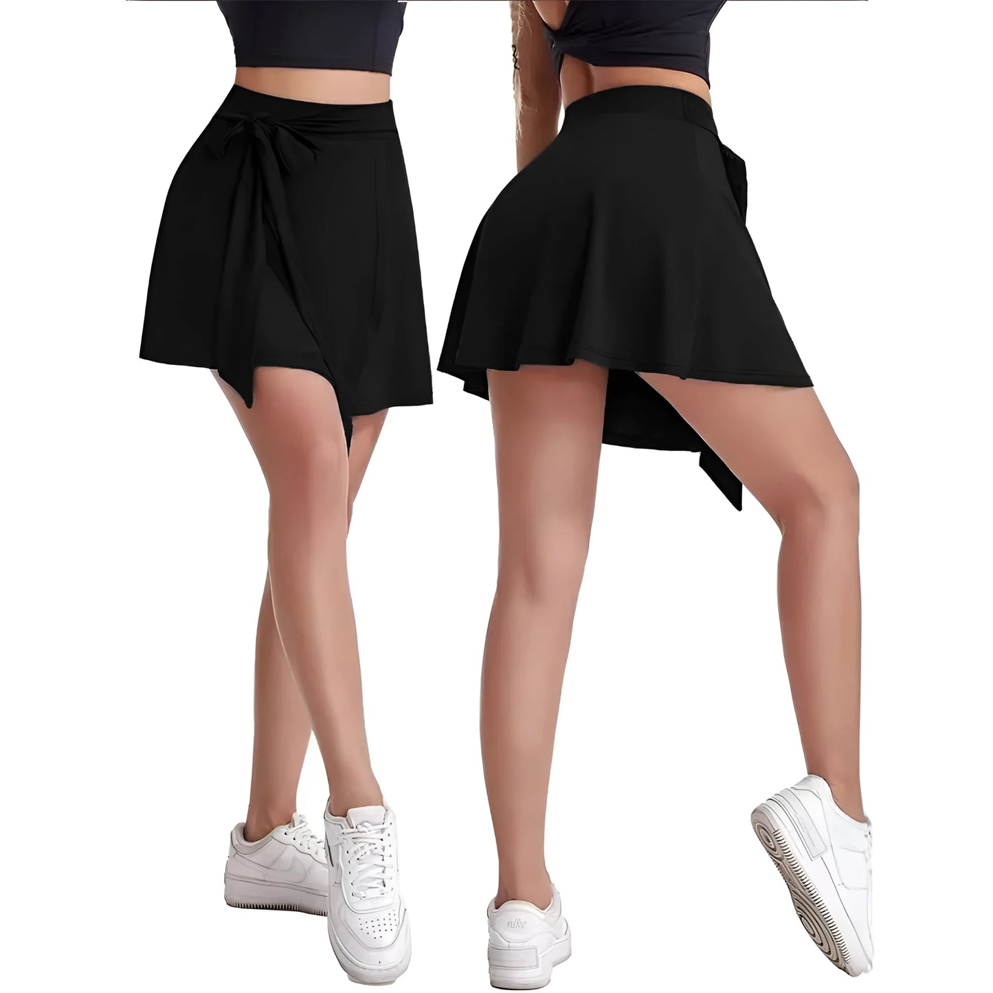Black thigh-length sports skirt with high waist and attached shorts, showing shoulder strap detail.