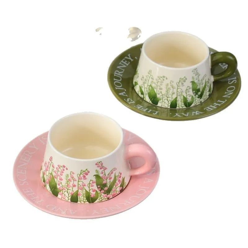 Ceramic coffee cup and saucer set with 300ml capacity, includes two cups, two saucers, two spoons