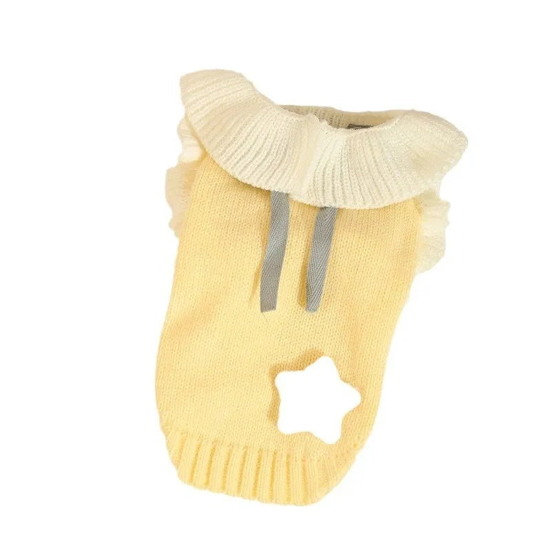 Yellow and patterned fairy dress style acrylic dog sweaters for small puppies in autumn.