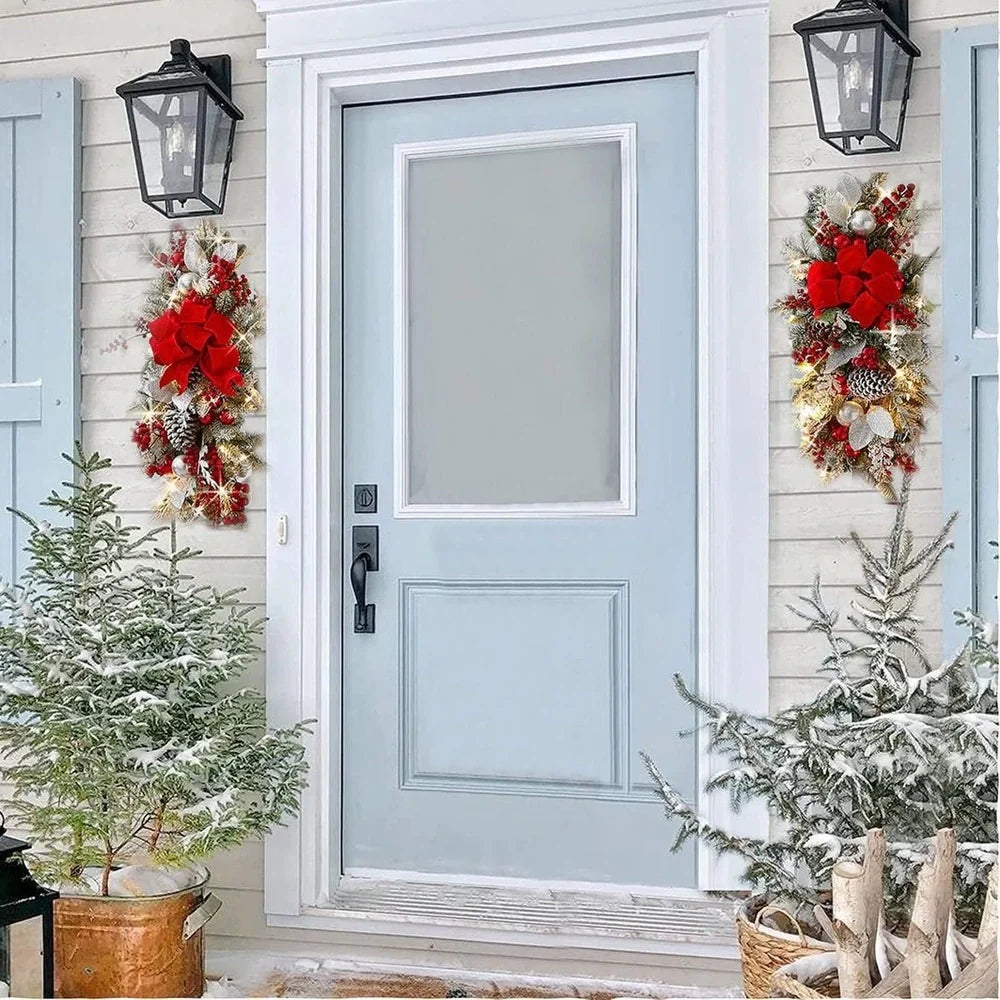Christmas door curtain with glowing upside-down tree design in red, blue, or gold colours