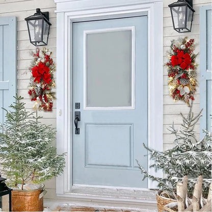 Christmas door curtain with glowing upside-down tree design in red, blue, or gold colours
