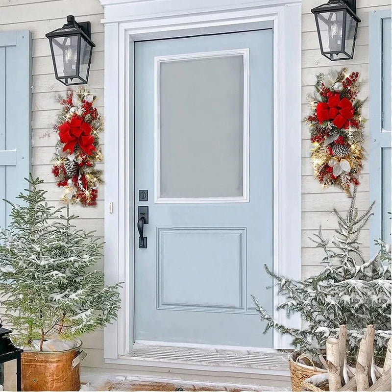 Christmas door curtain with upside-down tree design that glows in red, blue, or gold colours, measuring approximately 30cm in length for festive home decoration during the holiday season