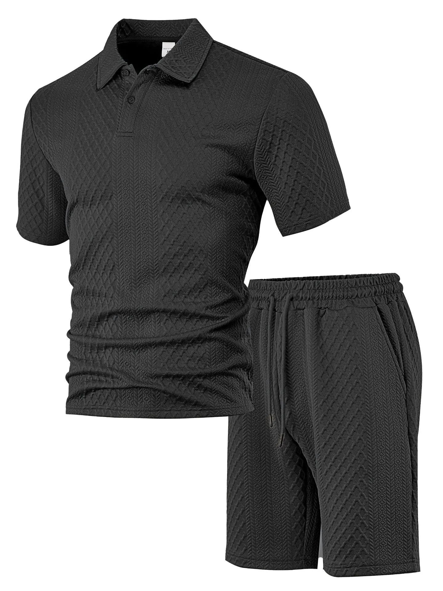 Men's patterned cloth casual suit set with short sleeve polo top and trousers on a hanger.