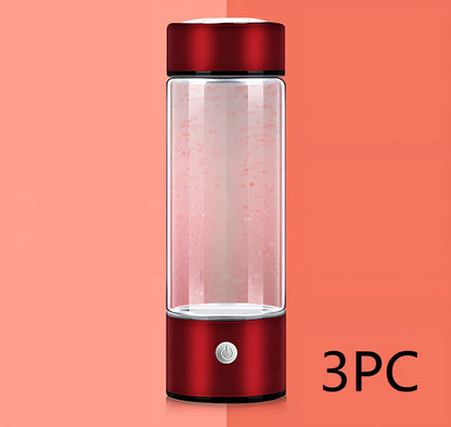 Portable hydrogen water cup in silver with borosilicate glass, showing electrolysis bubbles and romatic light, 3-minute generation