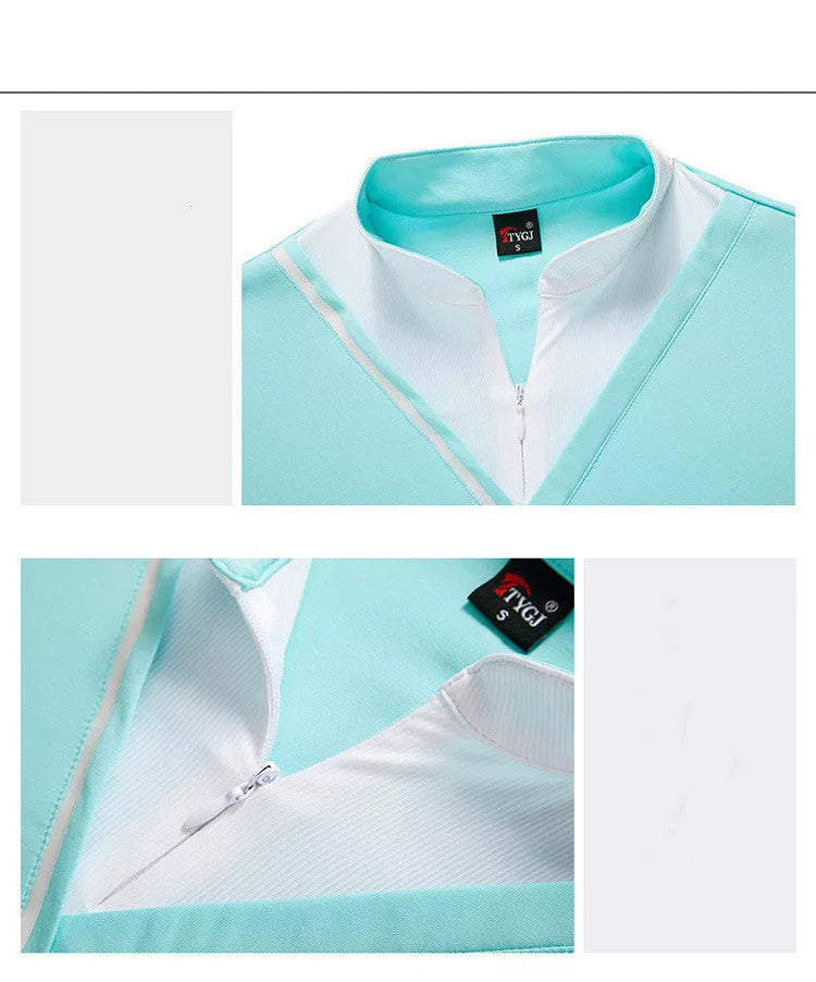 Women's golf long-sleeve t-shirt with stand-up collar and sun protection in navy blue and lake green