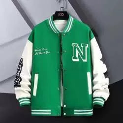 Men's letter print color block baseball jacket in black, blue, or green with round neck and button details