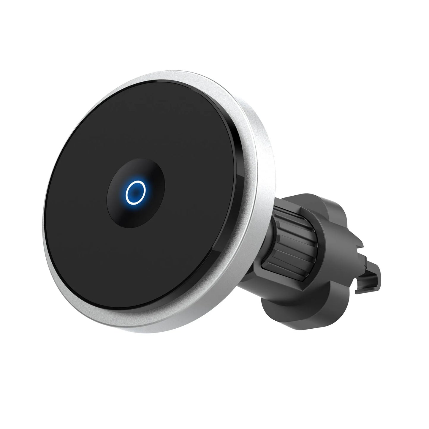 Black 15W magnetic car wireless charger mounted on a car air vent, showing aluminium alloy and ABS construction.