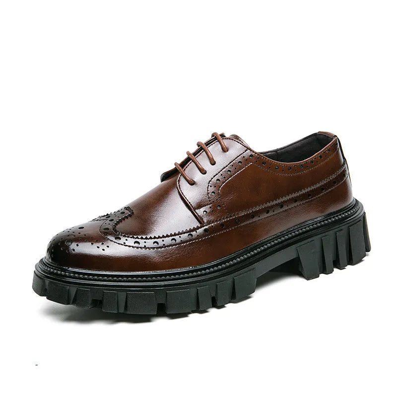 Men's black and brown artificial PU brogue shoes with round toe on white background