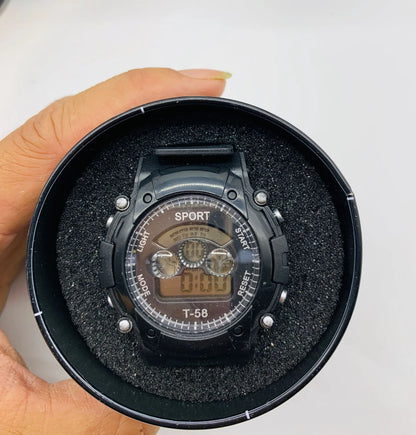Digital sports watch for children with silicone strap, plastic case, and mixed colour display