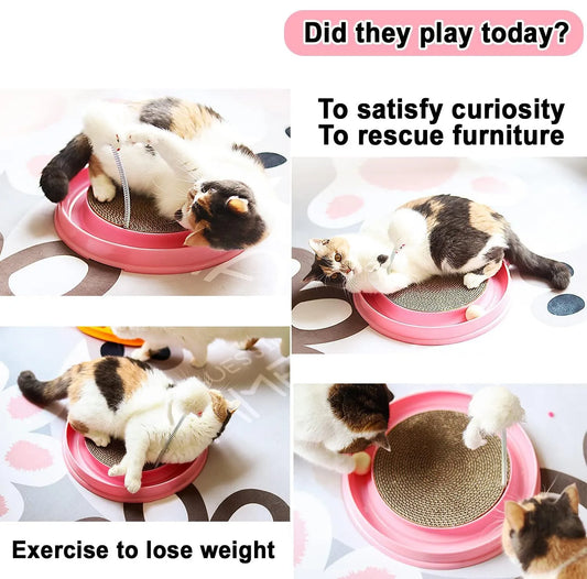 Blue cat scratcher with ball track and replaceable scratch pad, measures 40cm diameter