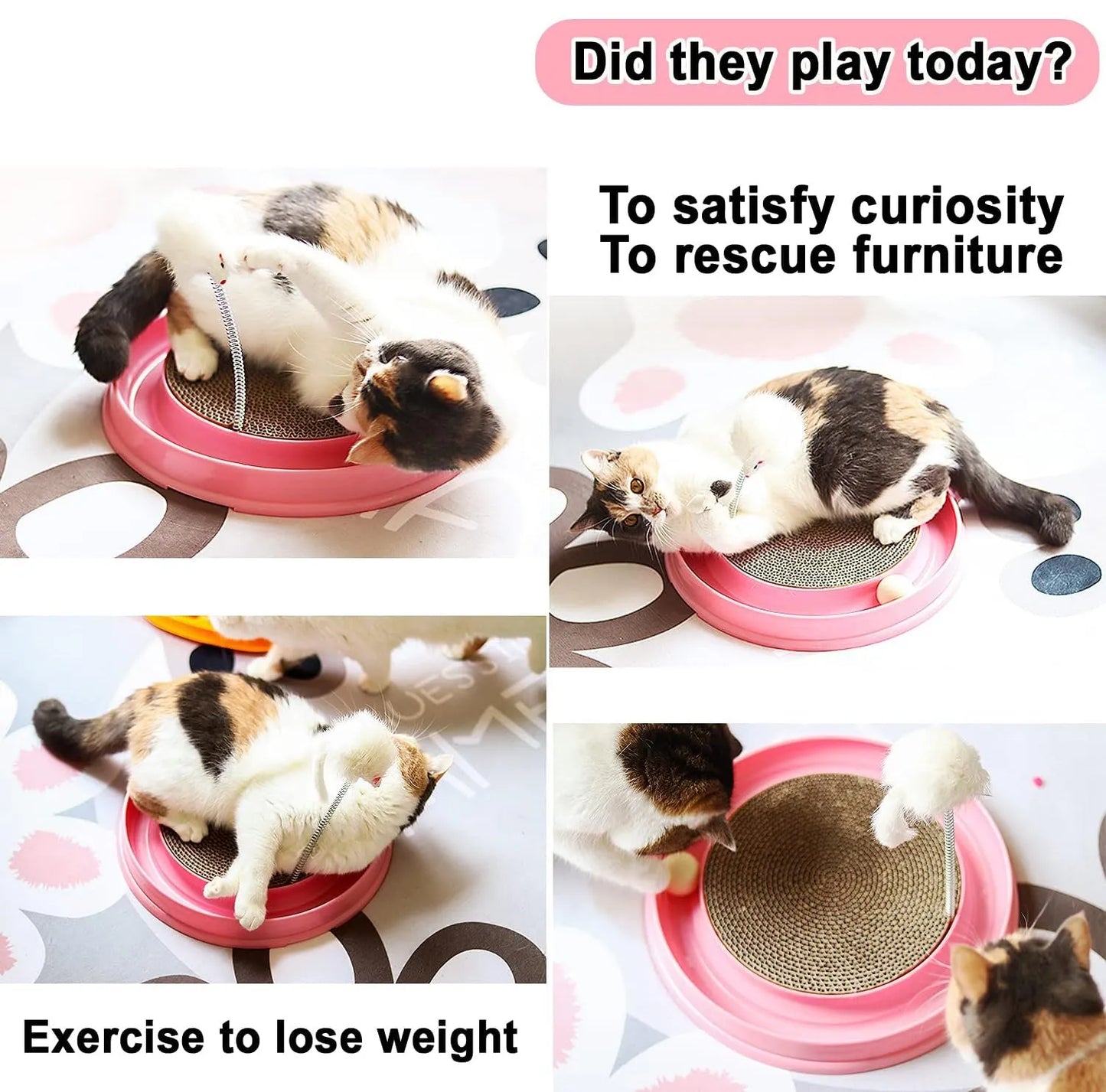 Blue cat scratcher toy with ball track and replaceable 9.7-inch scratch pad measuring 40x40cm