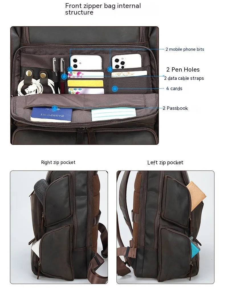 Dark brown leather backpack with embossed texture, double shoulder straps, and multiple zippered compartments for 17-inch laptops