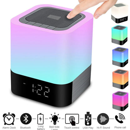 Square Bluetooth speaker alarm clock with touch screen and multi-colour LED lighting, measuring 100x100x112mm