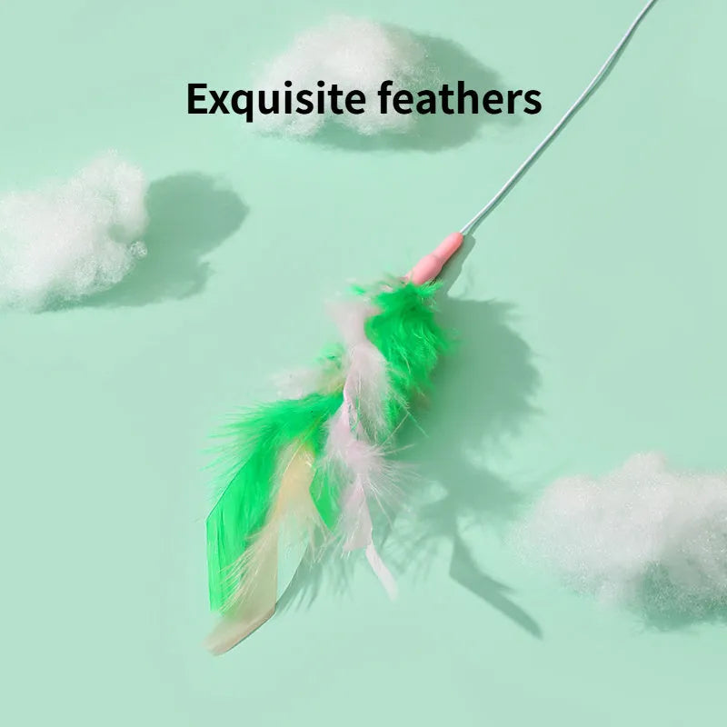 Green interactive cat feather wand toy with bell for durable feline play and stimulation