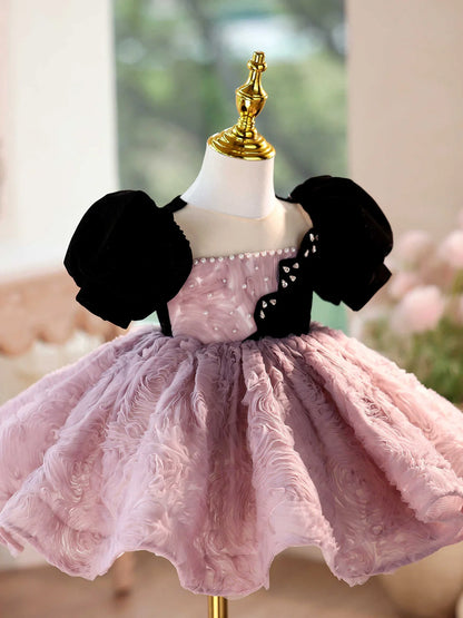 Girls' pink purple formal dress for piano performances with slim fit and round neck
