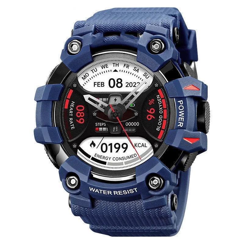 56mm round smart watch with touch screen displaying health metrics, featuring TPU strap and mineral strengthened glass, 50m waterproof