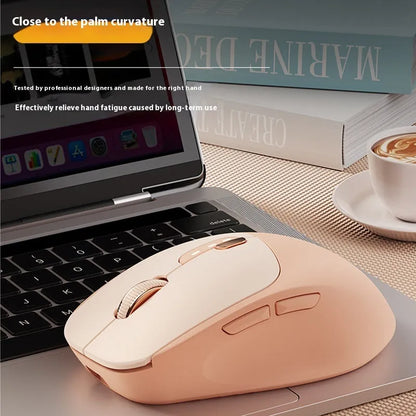 Mute wireless Bluetooth computer mouse in Matcha Green colour on a desk, showing its compact size and 5-button layout.