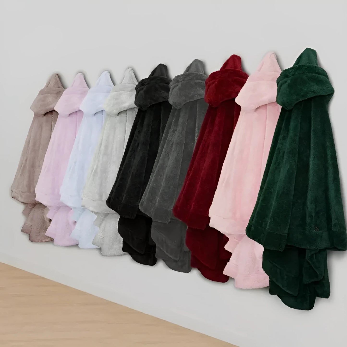 Thick hooded cloak bathrobe in polyester available in black, dark grey and pink colours