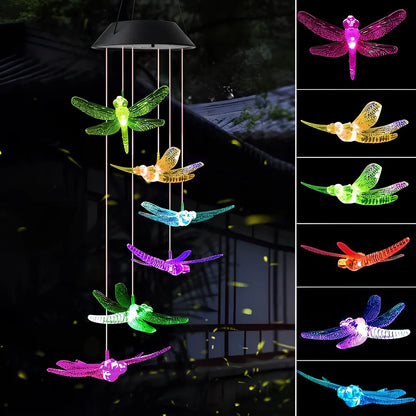 Solar-powered wind chime garden lamp with hummingbird design, automatic day-night operation, waterproof construction