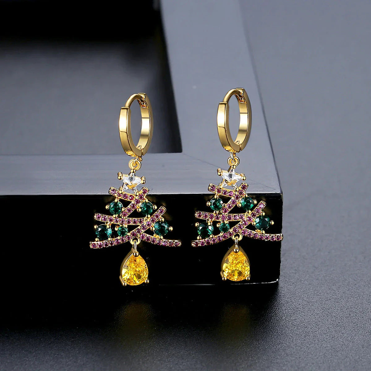 Elegant Christmas tree earrings with sparkling rhinestones, a festive holiday accessory for women