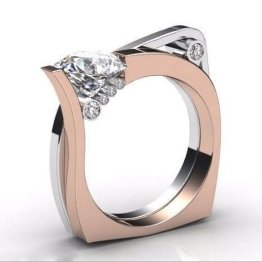 Rose gold electroplated couple ring with geometry design and inlaid zircon stone, women's fashion accessory