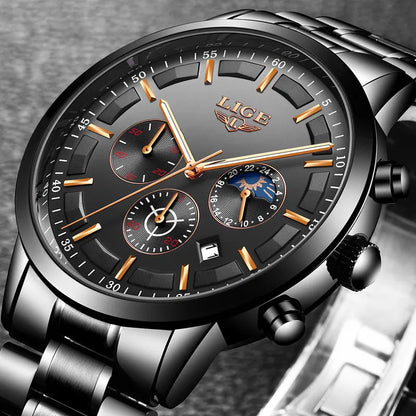 Men's waterproof quartz sports watch with moon display in black and rose red gold