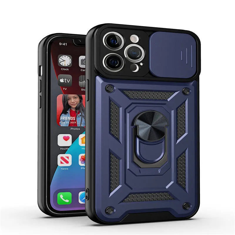 Sergeant sliding window magnetic phone case for iPhone in black, showing the integrated stand extended.