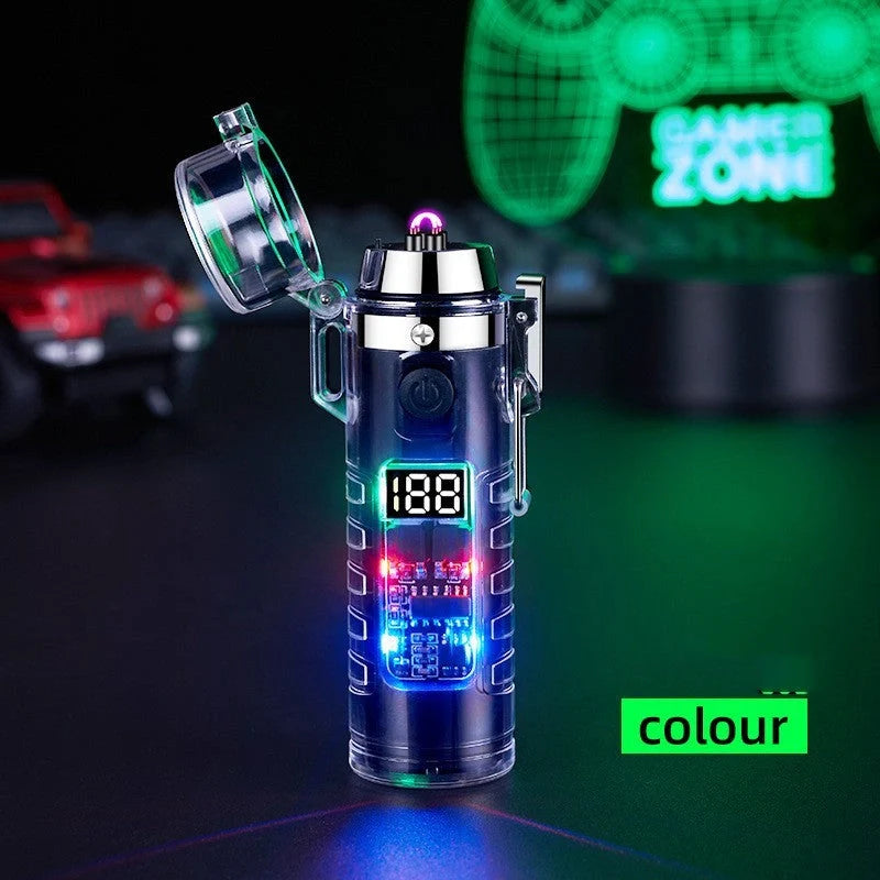 Transparent shell dual arc USB charging lighter with waterproof LED light in various colors