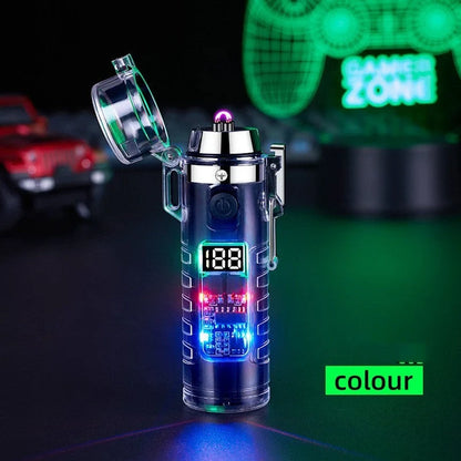 Transparent shell dual arc USB charging lighter with waterproof LED light in various colors