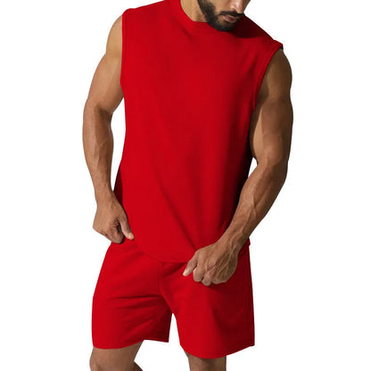 Men's sleeveless cotton blend sports suit set with shorts in multiple solid colour options