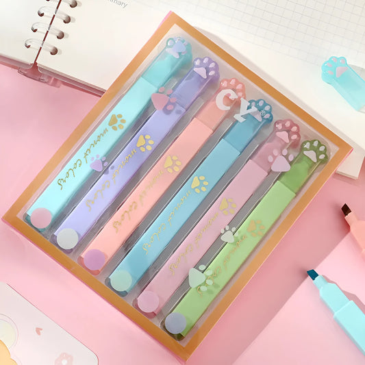 Cat's Paw fluorescent marking pen gift set, box open showing six pens with oblique heads.
