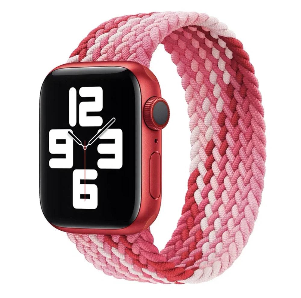 Apple Watch with elastic braided nylon strap in single-loop design showing stretch capability
