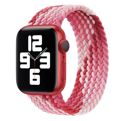 Apple Watch with elastic braided nylon strap in single-loop design showing stretch capability