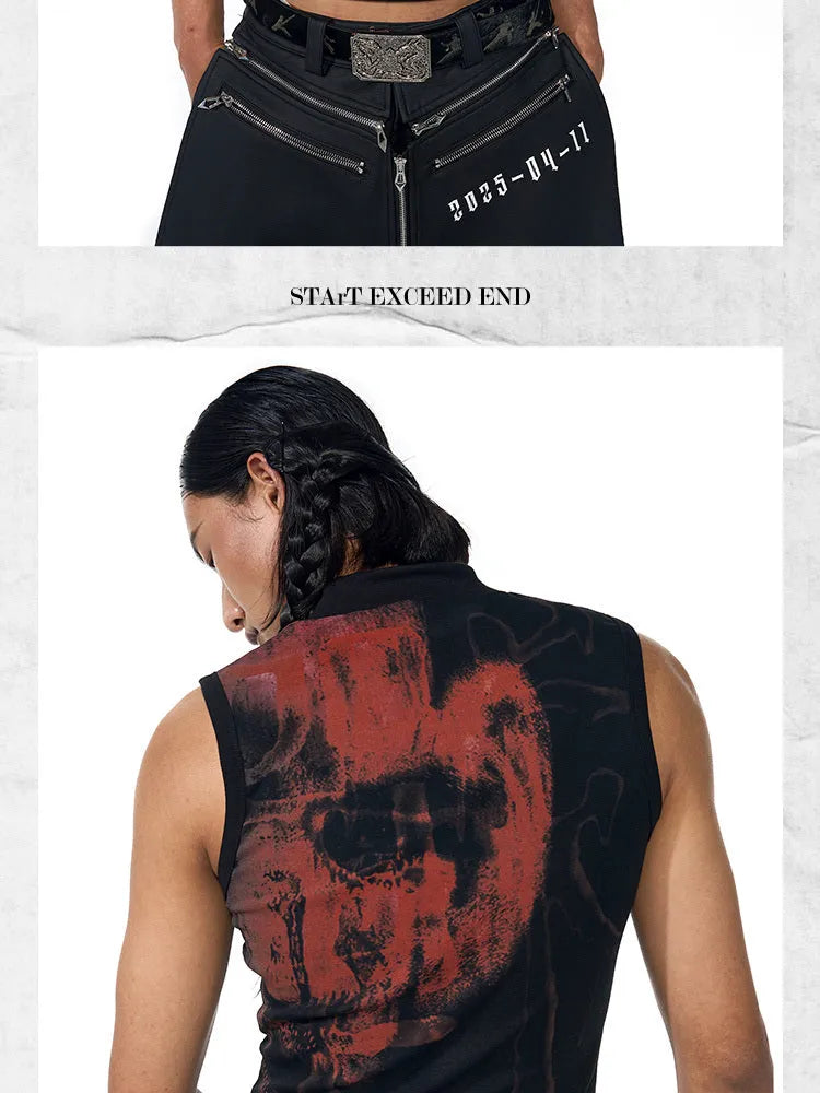 Black half turtleneck sleeveless slim fit t-shirt with a printed character design on the front.