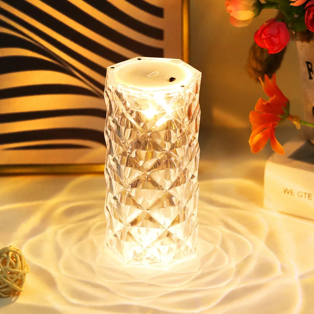 Clear acrylic table lamp with rose petal pattern, 12.2cm height, LED lighting