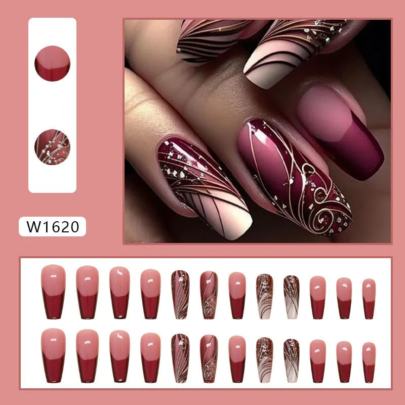 Set of 24 French line design fake nail stickers and one tube of adhesive glue on a white background.