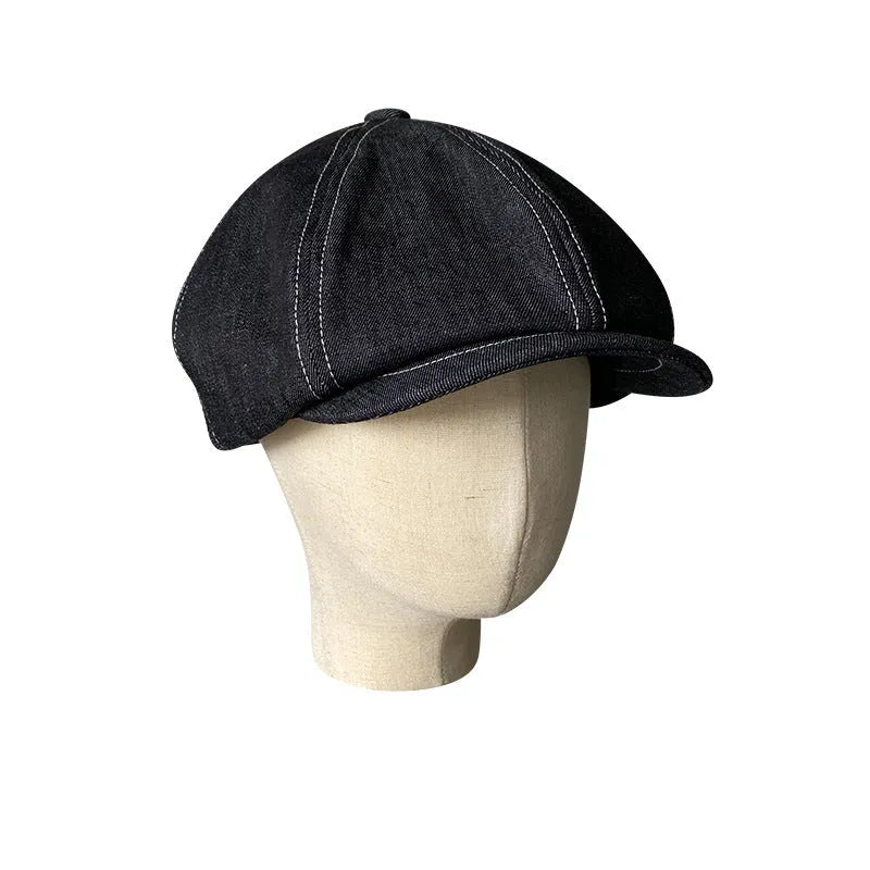 Black cotton Japanese Denim beret hat for adults with unisex styling