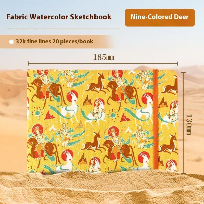 Feiluniao watercolour notebook with fabric cover, 185mm length, open to show paper for painting.