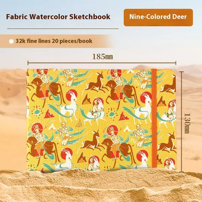 Feiluniao watercolour notebook with fabric cover, 185mm length, open to show paper for painting.