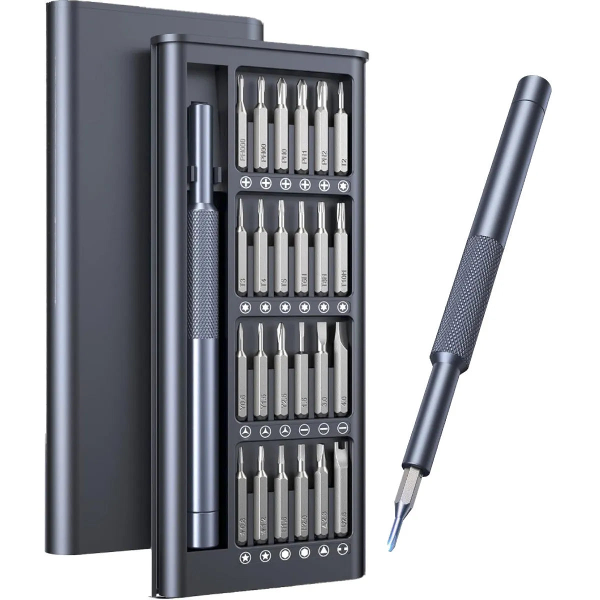 25-in-one screwdriver set with magnetic bits and knurled handle, 110mm long, for household repairs