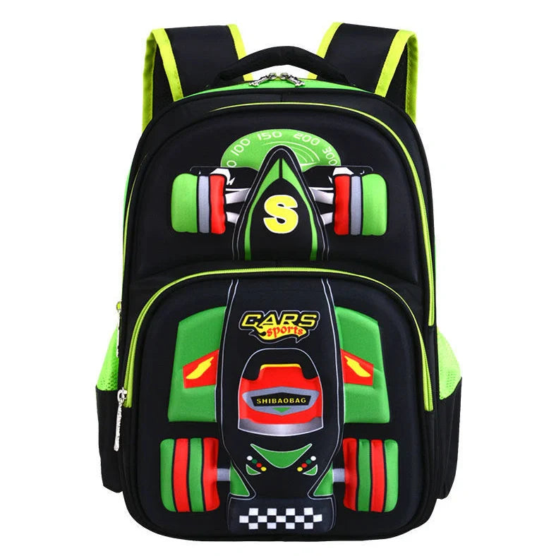 Blue three-dimensional car design trolley school bag showing 43cm height with wheels and handle