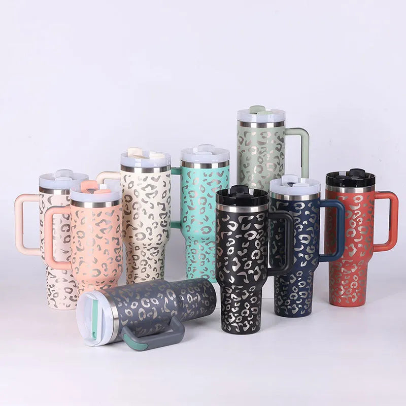 40 oz stainless steel insulated tumbler with handle and straw in tapered mug design