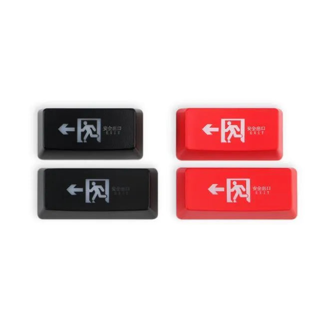 Transparent mechanical keyboard key cap with safety evacuation exit design in red colour