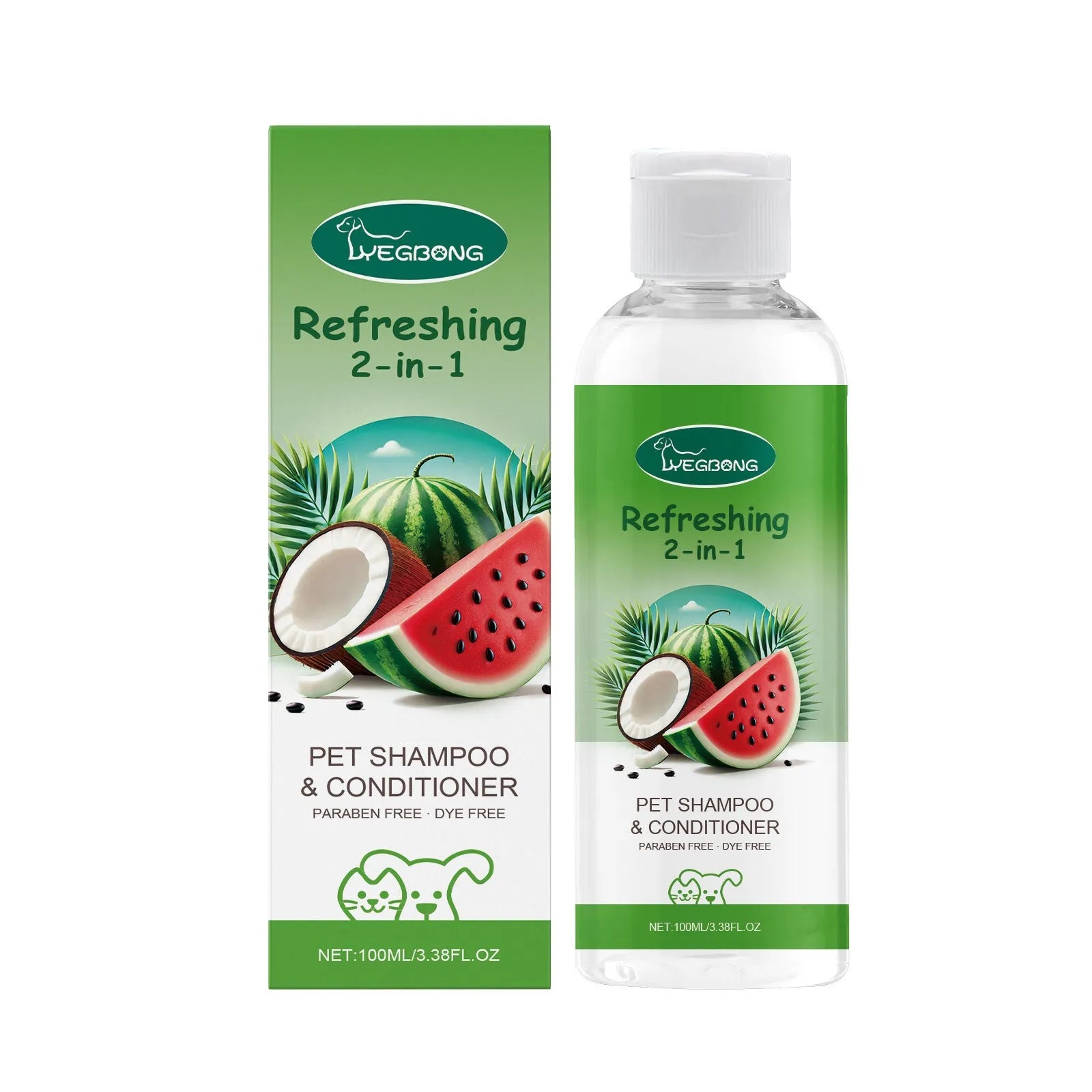 100ml pet shampoo bottle measuring 3.8cm by 12.8cm with 2-in-1 formula containing watermelon and coconut extracts