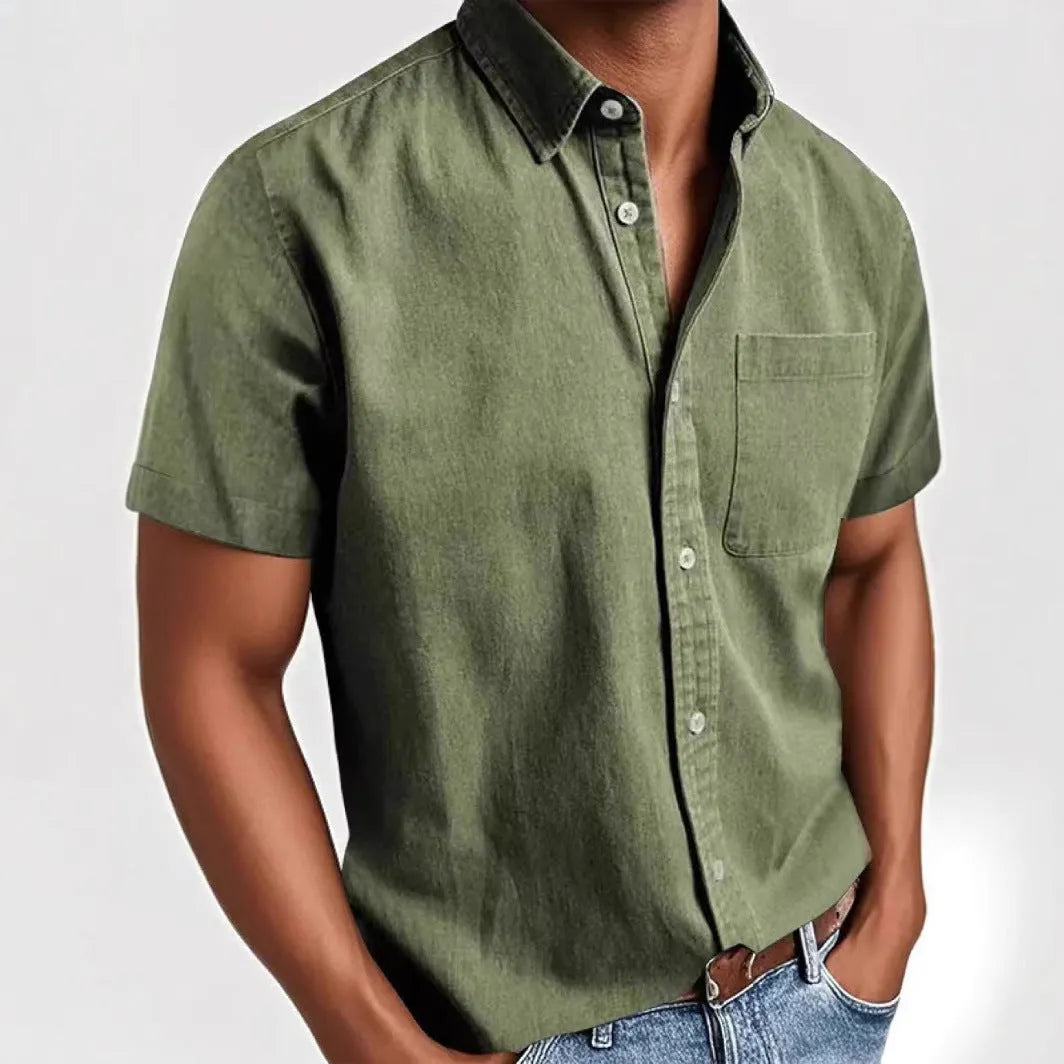 Men's loose fit single-breasted short sleeve shirt in a cotton blend fabric, shown in multiple colour options.