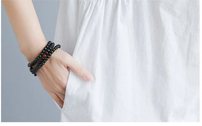 Literary Loose Plain Cotton and Linen Stand Collar Short Sleeves Dress in black and white