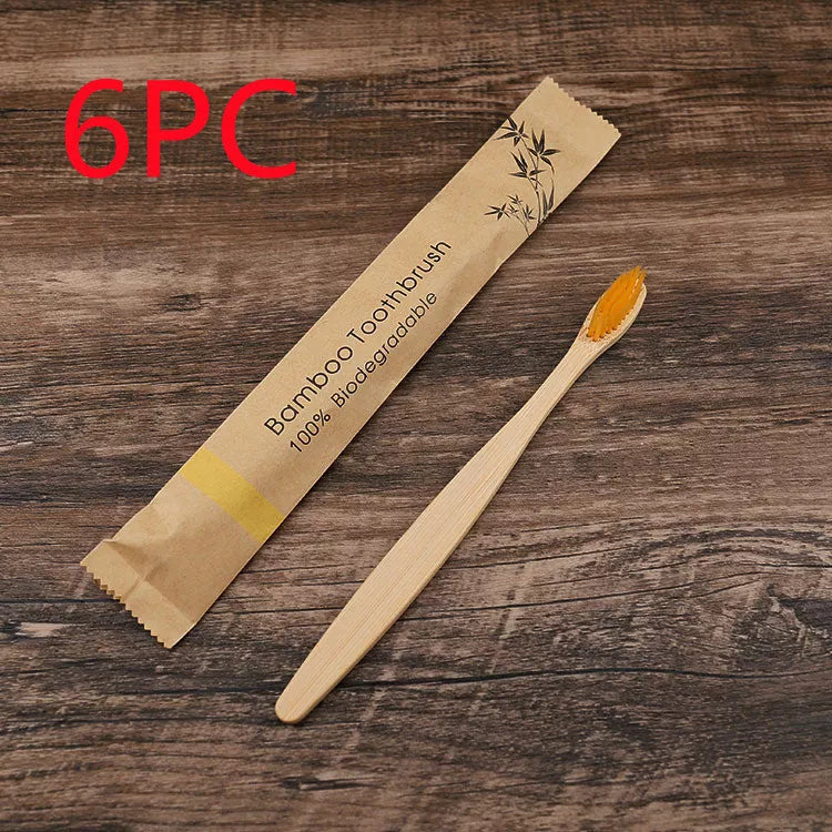 Eco-friendly flat bamboo toothbrush with kraft paper bag in assorted colors