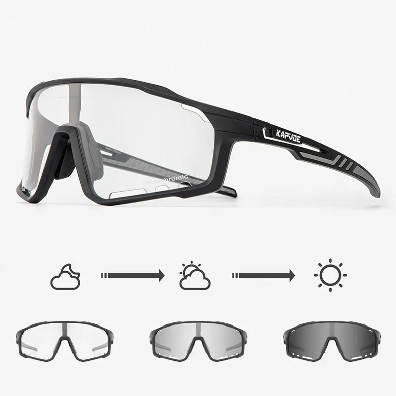 Photochromic cycling sports goggles with a semi-rimless TR90 frame and adaptive tint lens.