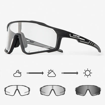 Photochromic cycling sports goggles with a semi-rimless TR90 frame and adaptive tint lens.