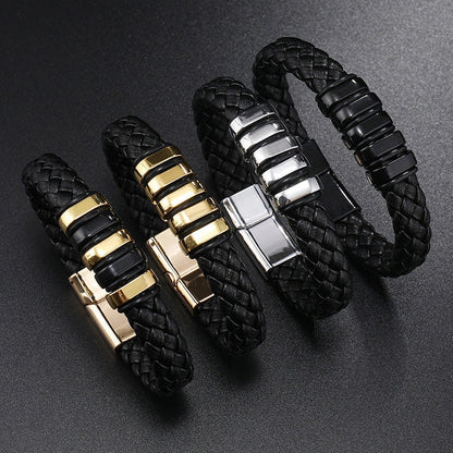 Stylish multi-layer leather woven bracelet in black, gold, white, and black & golden colors